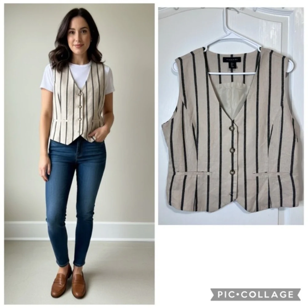 Tahari Beige and Black Linen Blend Vest size L - Picture 1 of 12